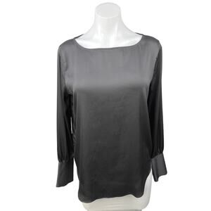 Ann Taylor Black Silk Satin Boat Neck Balloon Long Sleeve Blouse Top Size S